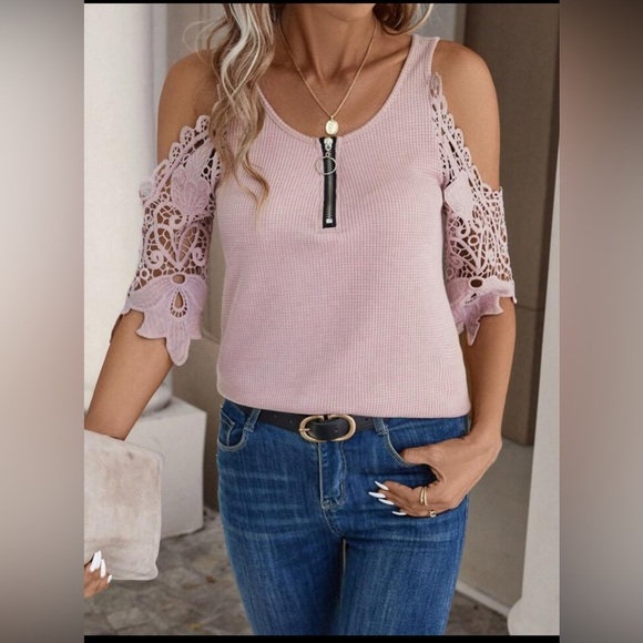 New Contrast Guipure Lace Cold Shoulder Top in Dusty Rose w/ Quarter Front Zip - Picture 3 of 11